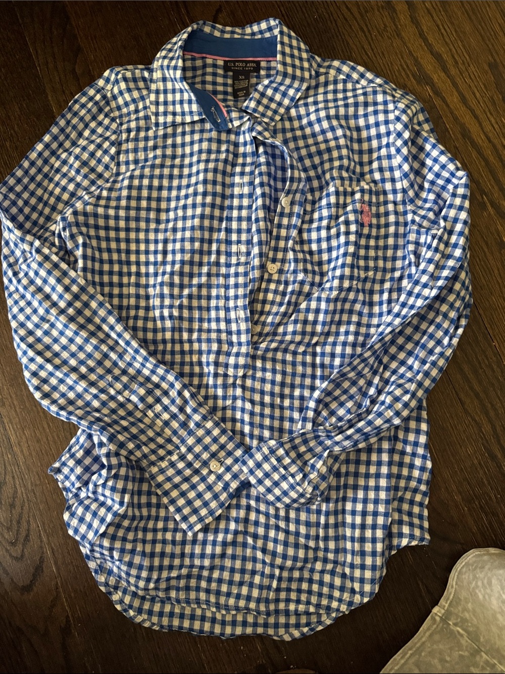 Ralph Lauren Men’s Blue and White Gingham Button-Down Shirt with Pink Pony